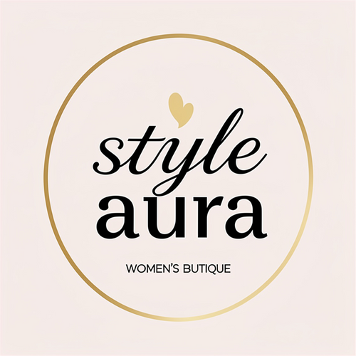 Logo of 'style aura' women's boutique with a gold heart on a light pink background